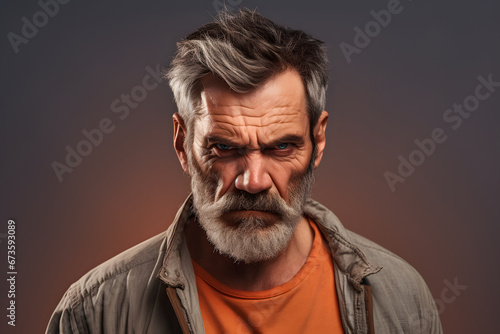 Angry mature Caucasian man, head and shoulders portrait on grey background. Neural network generated photorealistic image. Not based on any actual person or scene. photo