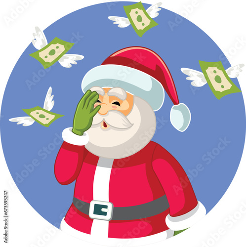 Unhappy Santa Losing Money During Inflation on Christmastime Vector Cartoon. Sad Christmas person feeling bad about financial problems and bankruptcy 
