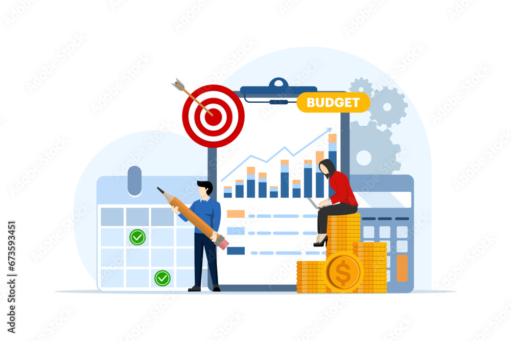 Concept of budget business strategy, financial and accounting reports, budget calculations, economics and investment, data analysis, income or business budget. vector flat illustration on background. Concept of budget business strategy, financial and accounting reports, budget calculations, economics and investment, data analysis, income or business budget. vector flat illustration on background.