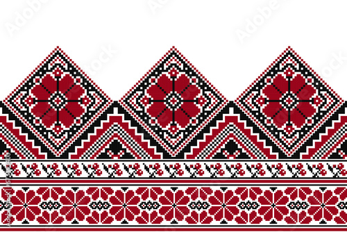 flower embroidery on white background. ikat and cross stitch geometric seamless pattern ethnic oriental traditional. Aztec style illustration design for carpet, wallpaper, clothing, wrapping, batik.