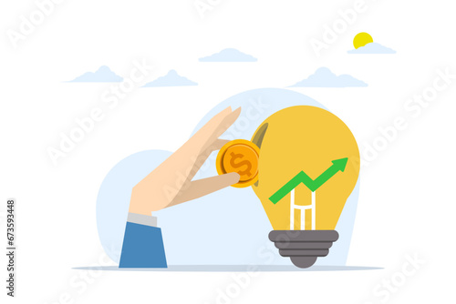 Concept of investing in growth stocks, mutual funds or growth money, savings, retirement funds or increasing profits from stock market, businessman inserting coins into growth chart light bulb.
