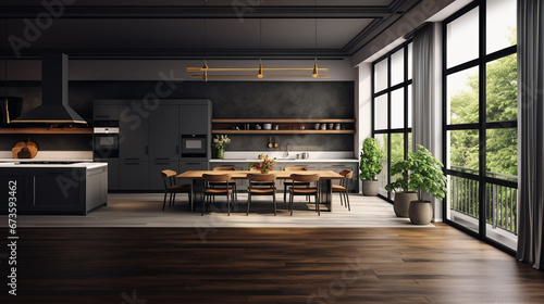 Interior of modern black kitchen with table and wooden chairs around.