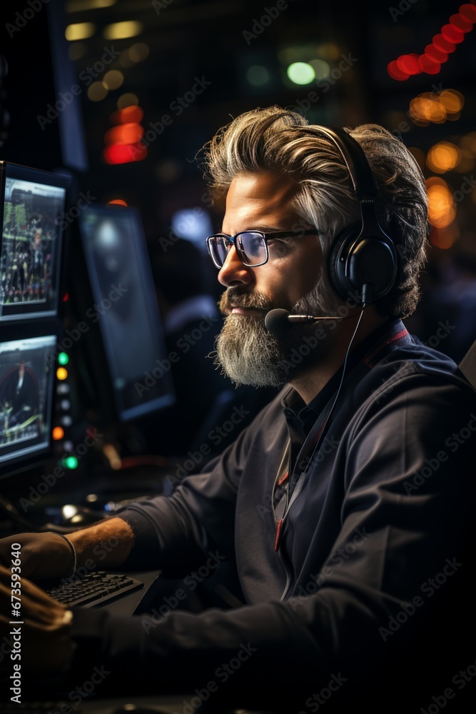 Trader wearing a headset, engaged in a live Forex trading webinar, Generative AI