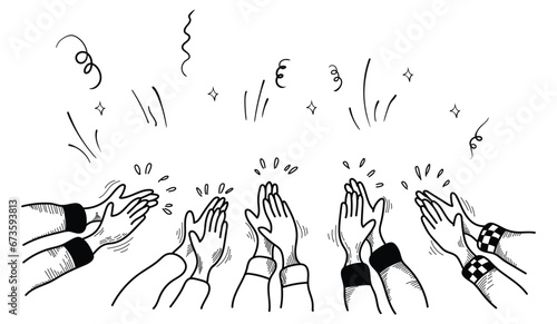 Hands drawn from hands clapping, applause. Thumbs up gesture in doodle style. vector illustration