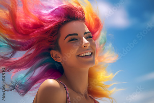 laughing cute girl with rainbow colored hair fluttering in the wind. female person against the sky.