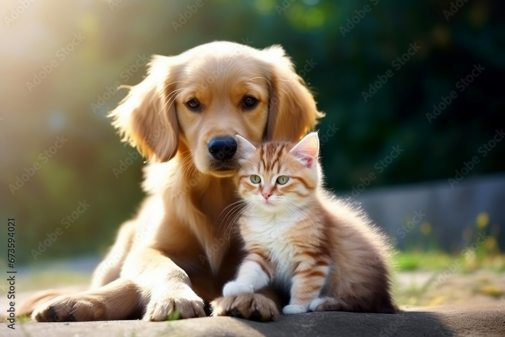 Cute kitty and puppy cudgeling together isolated .generative AI Cute kitty and puppy cudgeling together isolated .generative AI