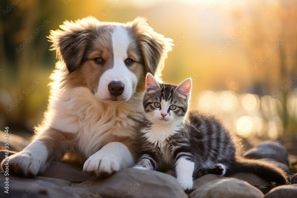 Cute kitty and puppy cudgeling together isolated .generative AI Cute kitty and puppy cudgeling together isolated .generative AI