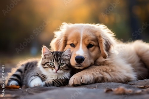 Cute kitty and puppy cudgeling together isolated .generative AI