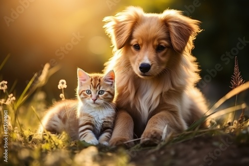 Cute kitty and puppy cudgeling together isolated .generative AI © Phichitpon
