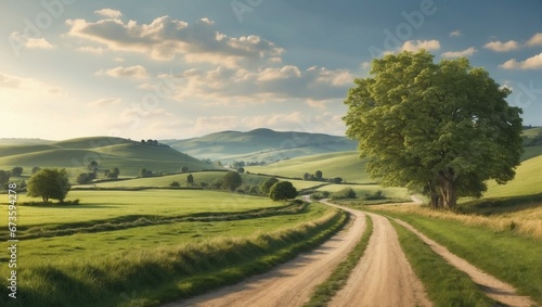 a peaceful landscape  serene rural landscape with lush green fields