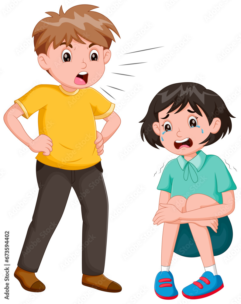 Cartoon Angry boy bullies little girl until she cries. Vector illustration Cartoon Angry boy bullies little girl until she cries. Vector illustration