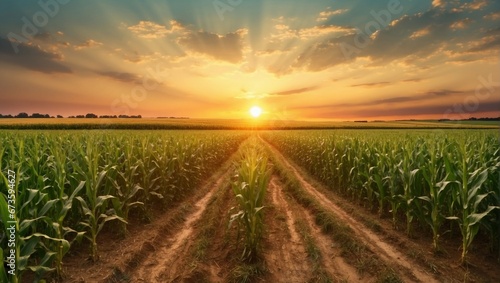 Sunset over rural farm field with barley and corn crops 