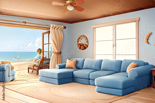 Plush linen sofa living room driftwood accents Watercolor art captures the serene elegance © Amila Vector