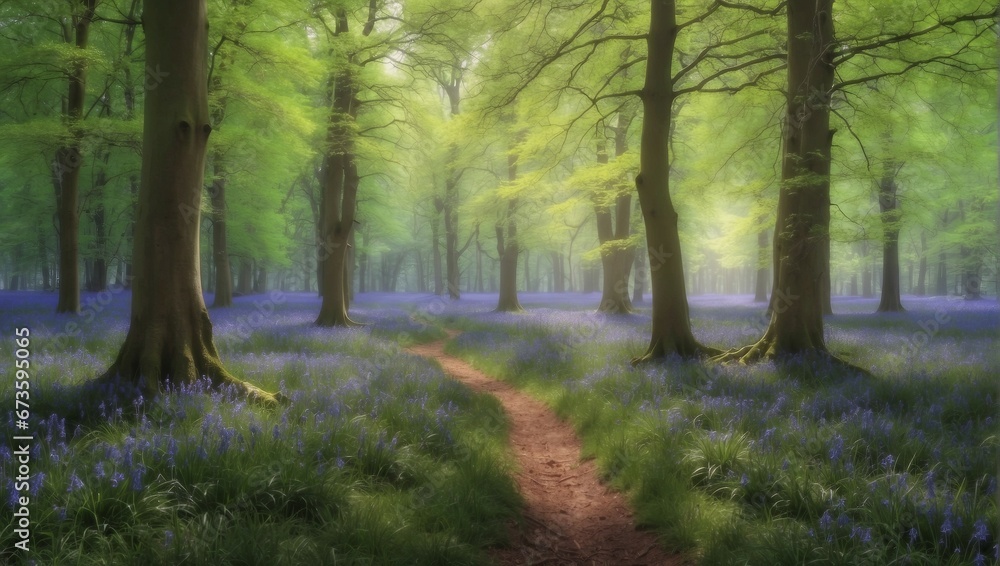 Fototapeta premium a path through a forest filled with bluebells 