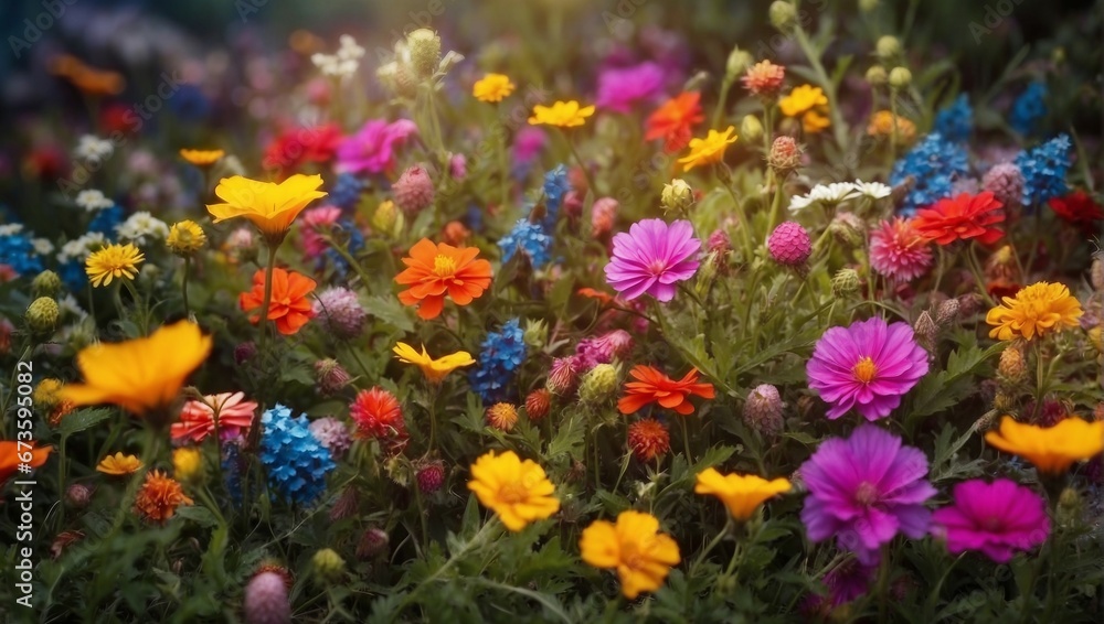 Summer Meadow: Blooming Flowers and Sunny Scenic Landscape
