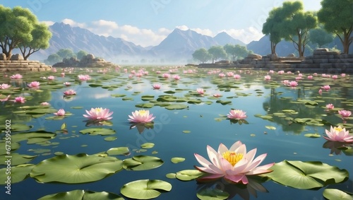 beautiful water lilies floating on calm water with reflection 