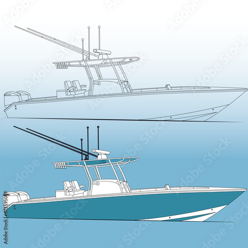 Fishing boat side view, vector, line-art, Illustration