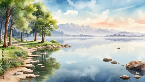 a painting of a lake surrounded by majestic mountains amidst serene nature 
