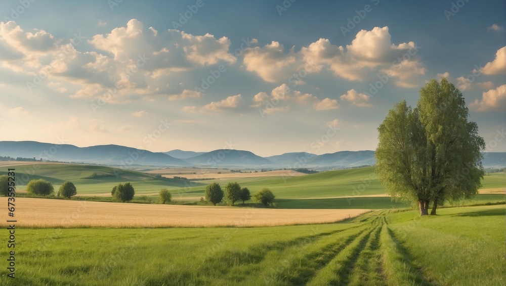 Obraz premium a peaceful landscape, serene rural landscape with lush green fields, sky and peaceful sunlight 