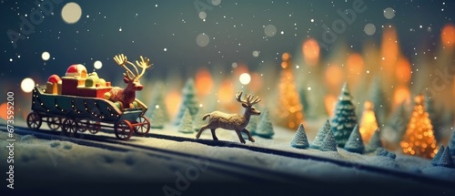  santa ride use sleigh and reindeers carrying pine trees landscape © mariyana_117