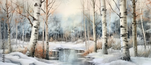  watercolor birch forest winter snow 