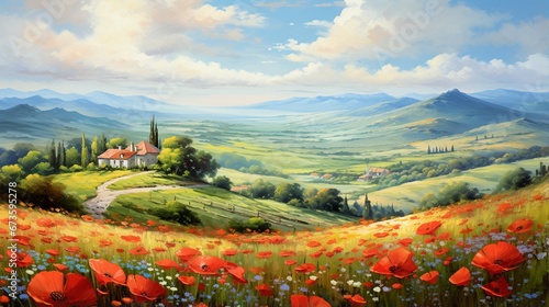 A picturesque countryside scene with rolling hills, featuring fields of blooming poppies in various shades.