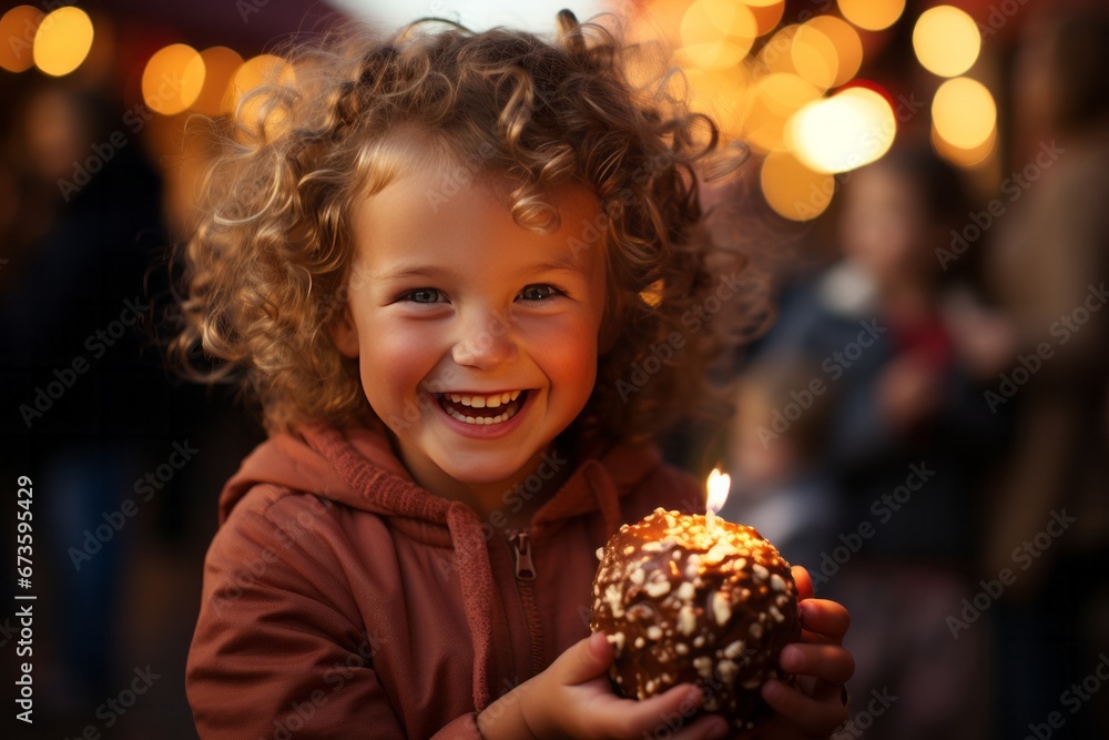 Child enjoying a caramel apple at a local autumn carnival, Generative AI Child enjoying a caramel apple at a local autumn carnival, Generative AI