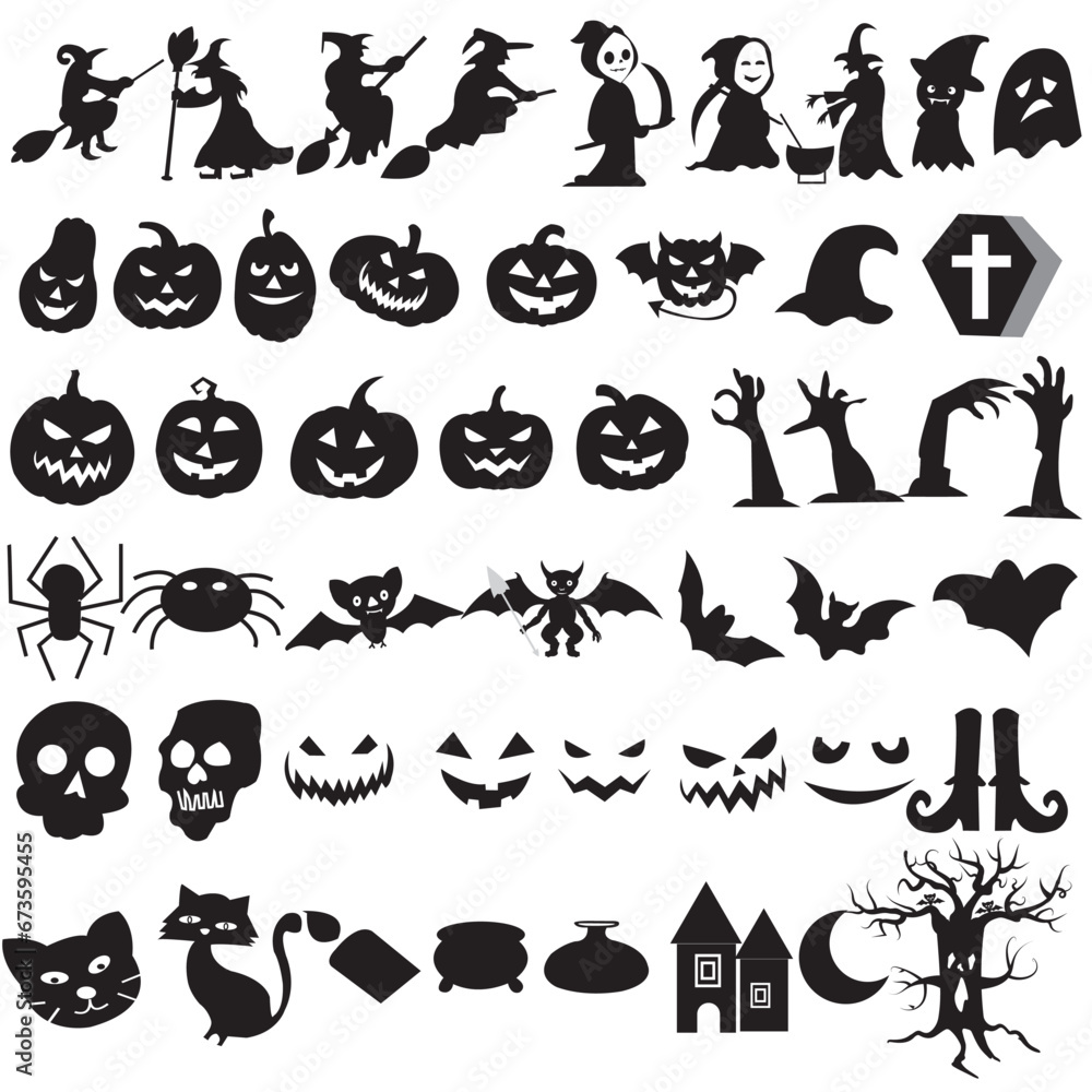 Set of silhouettes of Halloween on a white background, Big set of Halloweens silhouettes black icon and character. Design of witch, creepy and spooky elements for Halloweens decorations, sketch, icon. Set of silhouettes of Halloween on a white background, Big set of Halloweens silhouettes black icon and character. Design of witch, creepy and spooky elements for Halloweens decorations, sketch, icon.