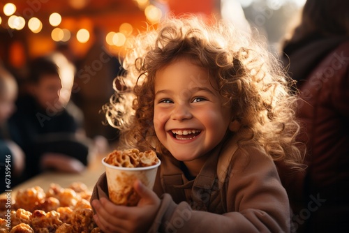 Child enjoying a caramel apple at a local autumn carnival  Generative AI