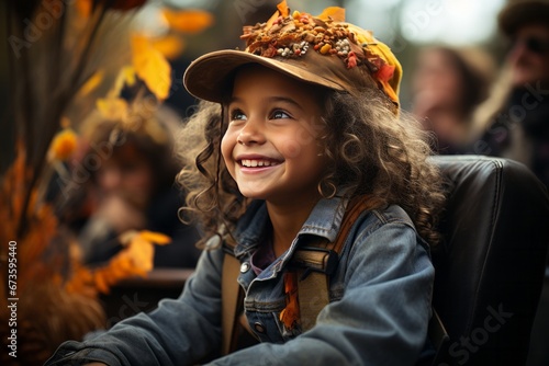 Child in a Halloween costume enjoying a hayride at an autumn event, Generative AI
