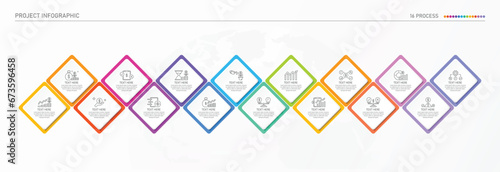 Infographic process design with icons and 16 options or steps.