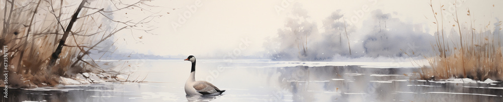 Fototapeta premium A Minimal Watercolor Banner of a Goose in a Winter Setting