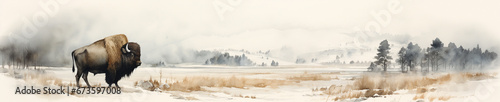A Minimal Watercolor Banner of a Bison in a Winter Setting