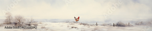 A Minimal Watercolor Banner of a Chicken in a Winter Setting