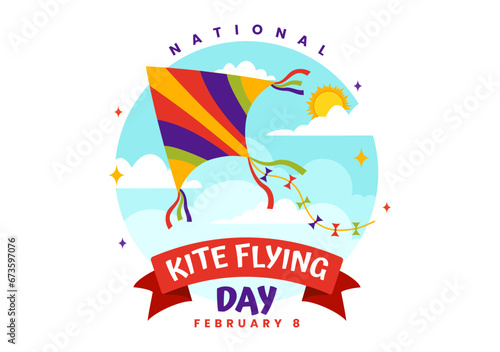 National Kite Flying Day Vector Illustration on February 8 of Sunny Sky Background in Summer Leisure Activity in Flat Cartoon Background Design