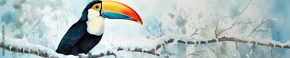 Naklejka premium A Minimal Watercolor Banner of a Toucan in a Winter Setting