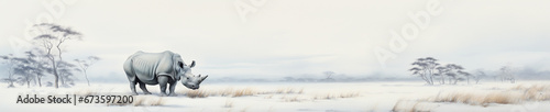A Minimal Watercolor Banner of a Rhino in a Winter Setting
