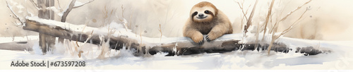 A Minimal Watercolor Banner of a Sloth in a Winter Setting photo