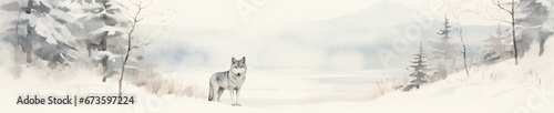 A Minimal Watercolor Banner of a Wolf in a Winter Setting