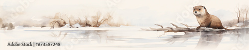 A Minimal Watercolor Banner of an Otter in a Winter Setting
