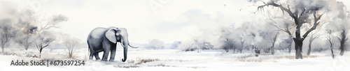 A Minimal Watercolor Banner of an Elephant in a Winter Setting