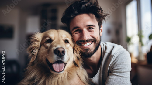 Portrait of happy man with golden retriever dog
