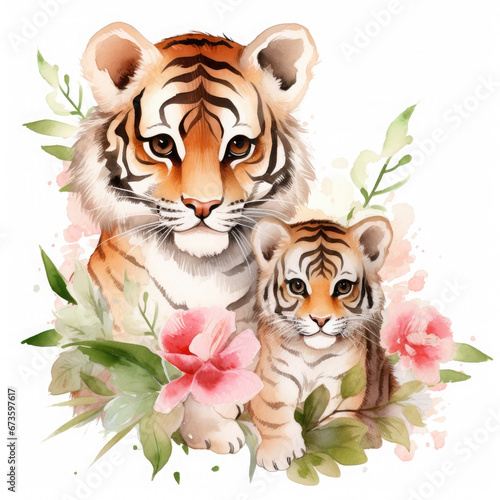 Cute mother tiger with baby with flowers Illustration  Generative Ai