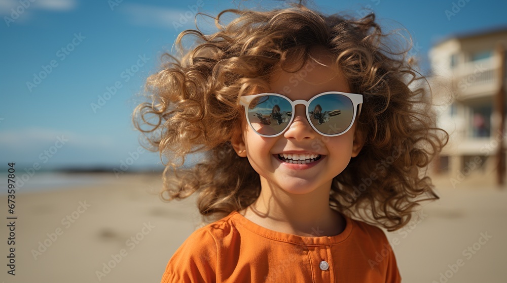 Smiling woman in sunglasses on beach