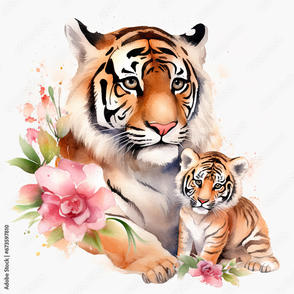 Cute mother tiger with baby with flowers Illustration, Generative Ai Cute mother tiger with baby with flowers Illustration, Generative Ai