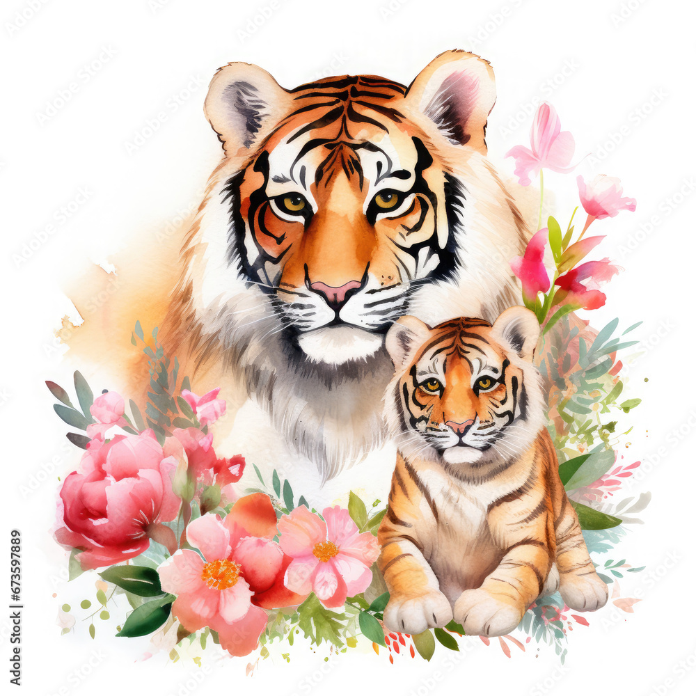 Cute mother tiger with baby with flowers Illustration, Generative Ai Cute mother tiger with baby with flowers Illustration, Generative Ai