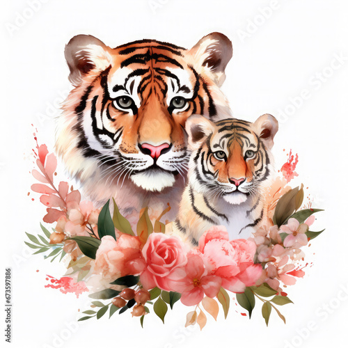 Cute mother tiger with baby with flowers Illustration  Generative Ai