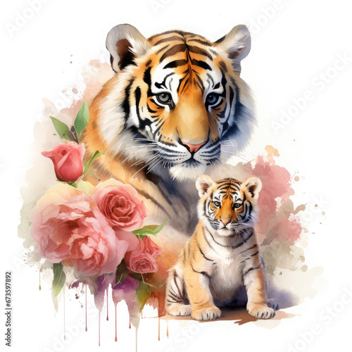 Cute mother tiger with baby with flowers Illustration  Generative Ai