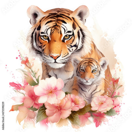 Cute mother tiger with baby with flowers Illustration  Generative Ai