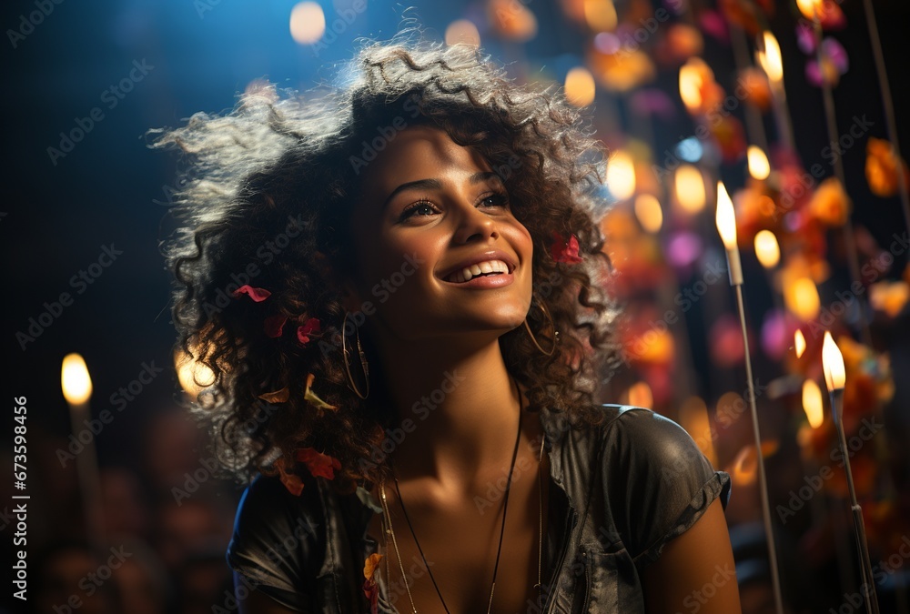 Cheerful young woman with glowing garland on street